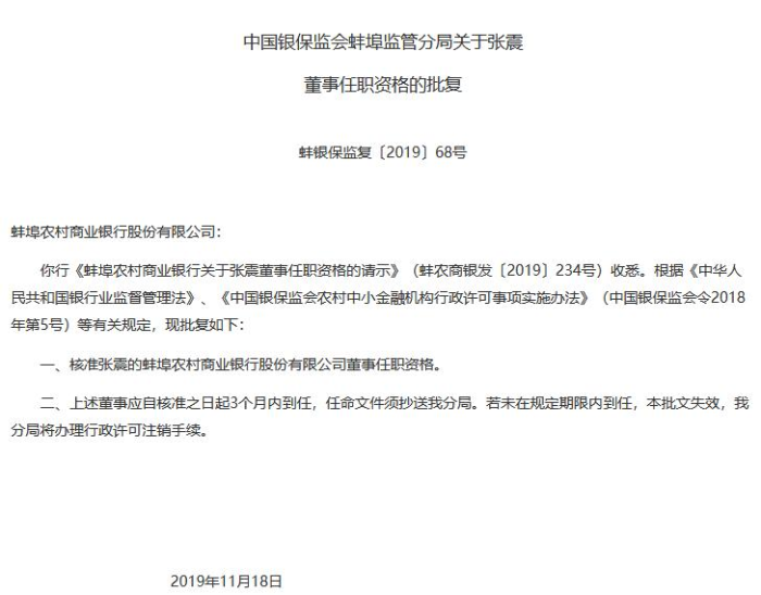 蚌埠农商银行董事张震的任职资格获准