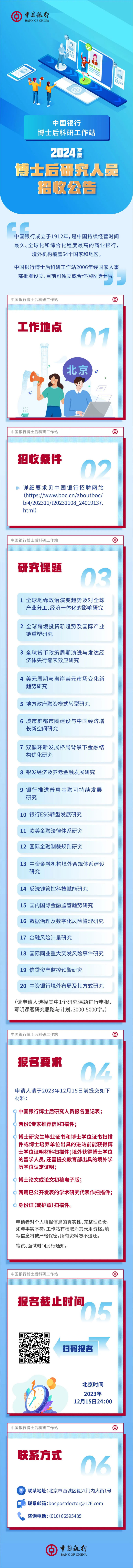 中国银行博士后科研工作站2024年度招聘进行中！