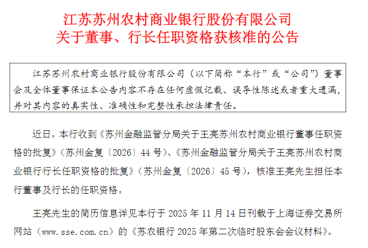 苏农银行：王亮行长、董事任职资格获监管核准
